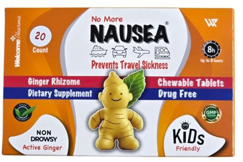 Travel Sickness Tablets — Ginger Tablets for Nausea Relief, Morning Sickness & More — Chewable Motion Sickness Tablet for Kids and Adults (20PCS)