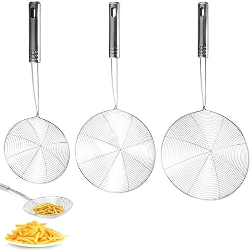 3 Stücke Spinnennetz-Schöpflöffel aus Edelstahl, Edelstahl Löffel Filter Set, Kochabschäumer, Schaumlöffel, Abseihlöffel, Küchenkelle aus Drahtnetz mit Griff, 3 Größen, für Skims Fat Scum