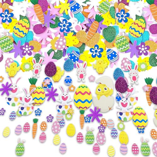 300 Stück Aufkleber Ostern Moosgummi, Sticker Ostern, Ostereier Aufkleber, Selbstklebend Ostern Bunt Dekoration Ei Hasen KüKen Blumen Aufkleber für Kinder Kunsthandwerk Heimdekoration