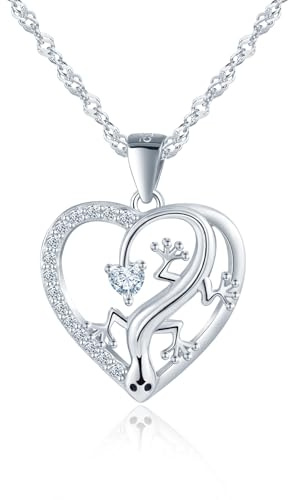 VIKILEE Herz Gecko Halskette mit Zirkonia,Damen Kette Silber 925 mit Anhänger,Silber/Gold/Rosegold Liebe Tier Eidechsen Halsketten für Frauen,Niedliche Schmuck für Tochter Mama Frau Freundin