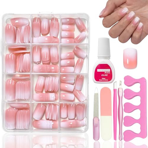 360 Stück Falsche Nägel Kit - Nude Rosa Farbverlauf Weiß Kunstnägel Kurz - Quadratische Künstliche Fingernägel Zum Aufkleben - Hochglänzende Full Cover Press on Nails für Frauen & Mädchen (Square)