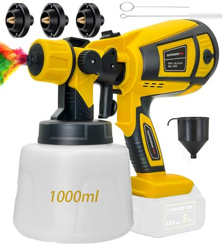 Paint Sprayer Compatible with De-walt Battery, Cordless Paint Sprayer with 4 Nozzles(1.0/1.5/1.8/2.5mm) Cleaning Kit, 3 Patterns Handheld for Walls Ceilings, Fence, Wood (Tool only, no battery)