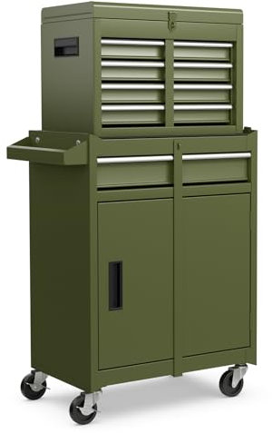 GOPLUS Servante d’Atelier avec Coffre Amovible, 28 x 59 x 102CM, Caisse à Outils Roulant avec 5 Tiroir Verrouillable & Armoire à Étagère Réglable, Poignée Latérale, pour Garage, Atelier(Vert)