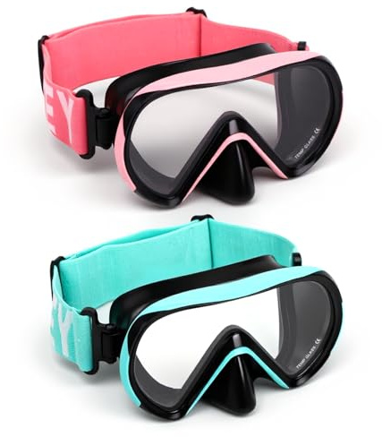 Diving Masks for Kids (2 Pcs), Goggles with Nose Cover, Elastic Strap, Tempered Glass, 180° Clear View, Anti-Fog Snorkel Mask for Ages 6-16