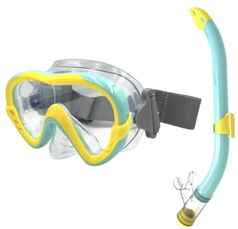 EasyDive Schnorchelset Kinder Schnorchel Maske mit elastisches Band Anti-Fog Tauchmaske Taucherbrille Trocken Silikonmaterial Schnorcheln Set für Jungen Mädchen (Tropical Islands - Grün/Gelb)