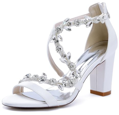 Satin Sandales De Mariée À Talons Carré Strass pour Femme Escarpins Bride Cheville À Bout Ouvert Chaussures De Mariage Fête 2022-48G