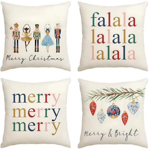 Huahuanghui 4 Stück Weihnachtskissenbezug 45x45 cm Leinen Zierkissenbezüge Kissenhülle Sofakissenbezug Dekokissen Weihnachtsdeko für Couch, Sofa, Wohnzimmer, Garten, Schlafzimmer & Outdoor