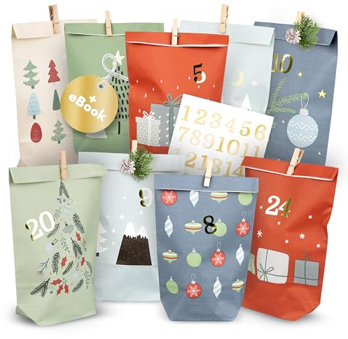 AMARI ® Adventskalender zum Befüllen - 24 Papier Adventstüten (mit Holzklammern) zum Basteln für Weihnachten - Papier Weihnachtstüten mit Zahlenaufkleber