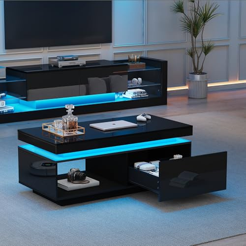 okwish TV-Wandschrank-Set(2tlg.),TV-Schrank + Couchtisch, schwarzer Hochglanz-Wandschrank, Wohnzimmerset, Hochglanz-Set mit LED-Leuchten, Schwarz