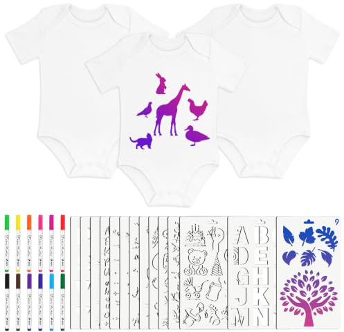 Vicloon Baby haklappar för målning, 38 st gör-det-själv haklapp för baby shower spel, vit haklapp set med 12 småbarn haklappar 14 schabloner 12 pennor, present till nyfödda