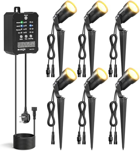 HIBOITEC 5W Gartenbeleuchtung mit Dämmerungssensor & Timer, 250LM Dimmbar Warmweiß, IP65 Wasserdicht Gartenleuchten mit Strom, 40W Trafow, CRI>90, Aluminium Gartenstrahler für Außen