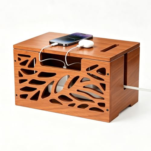 Große Kabelbox Holz mit Deckel zum Verstecken von Kabeln für Zuhause & Büro | Kabelmanagement box gegen Kabelsalat, HxBxT: 20,5 x 34,4 x 20 cm, Steckdosenbox mit Lüftung für Steckdosenleisten Verstecken