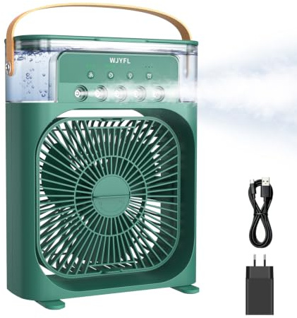 WJYFL Mini Luftkühler mit 5 Sprühdüsen, 3 Sprühstufen und 600ml-Wassertank | USB-betriebener Tischventilator mit 3 Windstufen, 1/2/3-Std.-Timer und 7-Farben-LED-Effekt für Büro und Schreibtisch