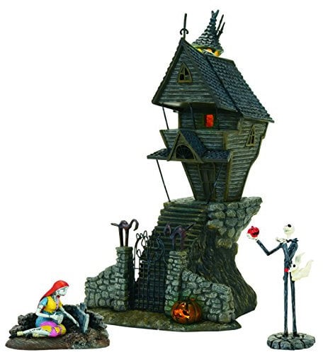 Department 56 - Jack Skellington's House with Jack and Sally 3 Piece Set Grey Metal Stone LED Illuminated Farmhouse Style Christmas Halloween Home Collectible Figures