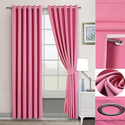 IM LC Luxury Pair of THERMAL BLACKOUT Eyelet Ring Top Curtains Fully Lined and free 2 Tiebacks (Pink, 66'' x 72'')