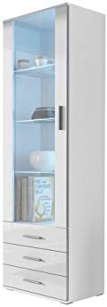 Mirjan24 Vitrine Standvitrine Soho S1, Glasvitrine, Vitrinenschrank, Hochschrank, Stauraumvitrine, Wohnzimmer Highboard Schrank (Weiß/Weiß Hochglanz, mit Blauer LED Beleuchtung)