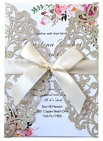 Jofanza Quinceanera Hochzeitseinladungskarten mit Umschlägen und Bändern, 12,7 x 18,2 cm, blanko, lasergeschnitten, 50 Stück (Champagnerglitzer)