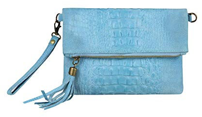 OBC Made in Italy Damen echt Leder Clutch Tasche Kroko Wildleder Handtasche Umhängetasche Ledertasche Schultertasche Fransen Cross-Over Hellblau