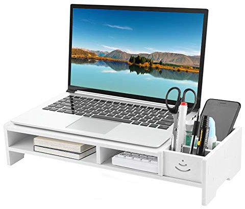 Greensen Supporto per Monitor con Cassetto Portaoggetti, Portapenne e Supporto per Telefono, Rialzo per Monitor per Casa, Ufficio L38xW20xH10cm Bianco
