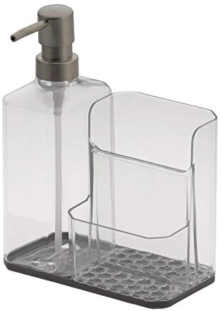 Spectrum Diversified Kitchen Organizer with Refillable Soap Pump, Sponge & Dish, Easy-Clean Sink Organization & Dish Brush Holder with Removable Base, Clear & Gray