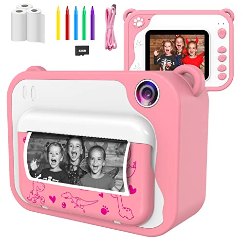 Ushining Kinderkamera, DigitalKamera für Kinder, 1080P HD Videokamera mit 2,4 Zoll IPS Bildschirm, Sofortbildkamera mit 32 GB Micro SD-Karte und 3 Rollen Druckpapier, Geschenk für Kinder (Rosa)