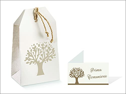 Scatoline Comunione Albero della Vita + Bigliettini Comunione pretagliati, Facili da Personalizzare con Foglio Prova + spago Juta - Kit Comunione (20 Scatoline + 20 Bigliettini)
