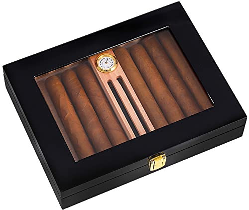 ADFHZB Desktop Humidor Case Glasdeckel Zigarrenkiste-Luftbefeuchter＆Hygrometer Zigarrensicher Spanisches Zedernholz Verstellbarer Teiler Halten 10-18 Zigarren (Color : Black)