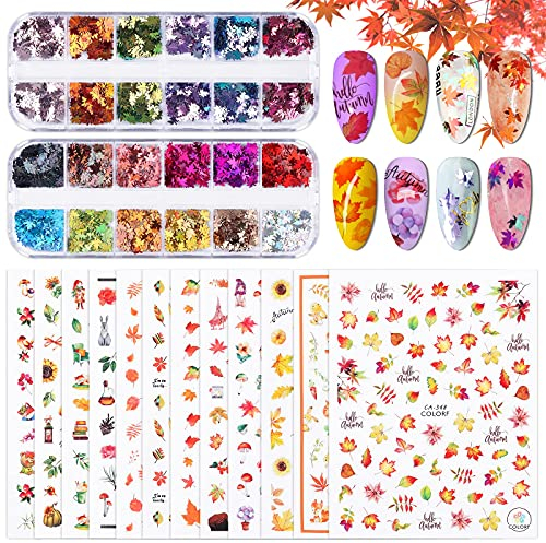 Kalolary Autumn Fall Nail Art Stickers Decals, 12 Sheets Maple Leaves Decals 3D Nail Stickers Thanksgiving Nail Tattoo Stickers with 2 Boxes Maple Leaf Nail Glitter Sequins for DIY Nail Decorations