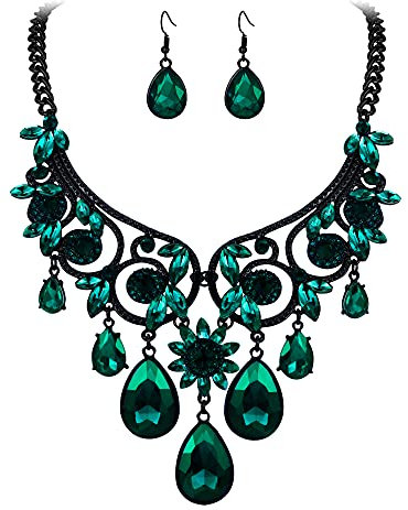 Clearine Damen Schmuckset Tribal Ethnic Kristall Chunky Erklärung Halskette baumeln Ohrringe Grün Schwarz-Ton