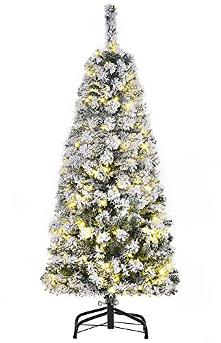 HOMCOM 4FT Prelit Artificial Snow Flocked Christmas Tree with Warm White LED Light, Holiday Home Xmas Decoration, Green White