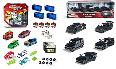 Majorette – Tune Ups Series 1, 4er Set mit 28 Überraschungen, Spielzeugautos aus Metall zum Tunen, 4 von 18 Autos im Überraschungspack & Black Edition 5er Geschenkset, 5 Fahrzeuge, 7,5 cm
