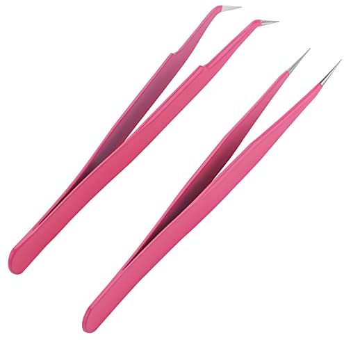 Sibba Lot de 2 Pinces à Cils en Acier Inoxydable avec Pointes Droites et Incurvées pour Isolation du Volume et des Extensions de Cils Rose