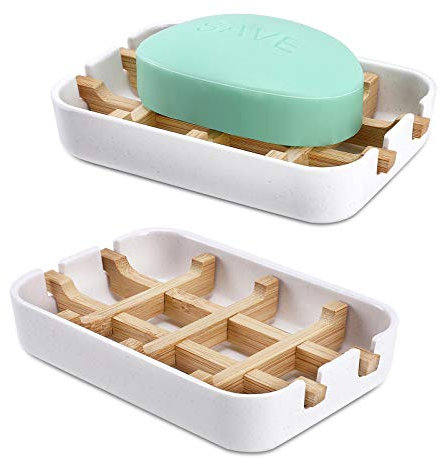 Fufengz Porte-savon en bois de bambou pour salle de bain, douche, évier, baignoire, douche (1 pièce) - Blanc