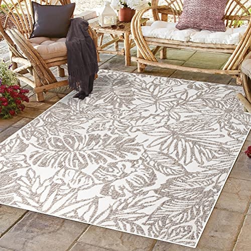 payé Outdoor Teppich Wetterfest - 150x150cm - Beige Weiß - Dschungel Muster - Teppiche für Terrasse Balkon Garten Indoor