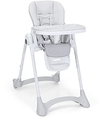 GYMAX Baby Highchair, Adjustable Foldable Infant High Chair with Removable Tray, 2 Rear Wheels & 5-Point Harness, Toddler Dining Feeding Chairs for 6-36 Months (Grey)