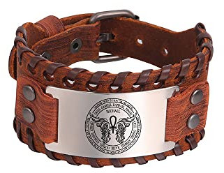 Amaxer Sieben Erzengel Armband für Männer Metatron Würfel Schutzengel Michael Sigil Schutz Amulett Handgelenk Manschette Breite Lederarmband (Engel Michael Braun)