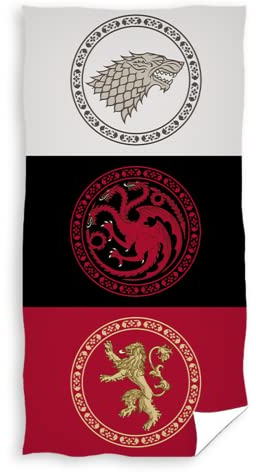 Game of Thrones Badetücher Set - 100% Baumwolle Schnelltrocknende, Super Weiche und Saugstarke Dusch Strandtücher - Coole Bunte Tücher mit Symbolen der beliebten Häuser der Serie (Grau, Rot, Schwarz)