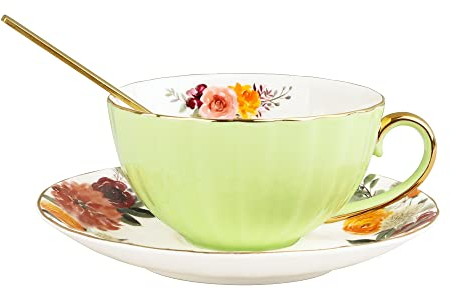fanquare 200ml Juego de Taza de Café y Plato, Taza de Té de Porcelana Británica con Cuchara, Taza de Café de Cerámica, Verde Claro