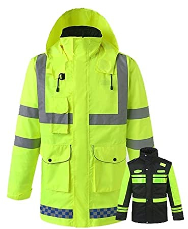 QIULAO Chaqueta Bomber Reflectante De Alta Visibilidad, Chaleco De Seguridad Impermeable for Hombres, Calor Acolchado, Forro Y Capucha Desmontables, Monos De Advertencia Amarillos for Exteriores De In