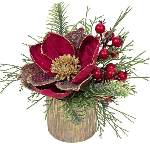 Briful 9 Glitter Magnolia Artificial Flowers in Vase, Christmas Flowers Red Flowers Artificial with Red Berry Stems in Gold Ceramic Pot, Fake Magnolia for Christmas Decorations