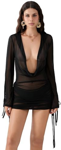 MAHUAOYIXI Robe Courte Femme Transparente d'Été à Manches Longues Sexy de Plage Elégante Mini Chic (Noir, L)