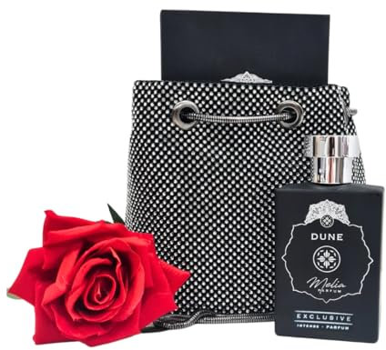 Geschenkidee – Eau de Parfum Dune 100 ml – Inklusive Clutch in Schwarz mit Glitzer und roter Rose aus Stoff – Melia Cosmetica®