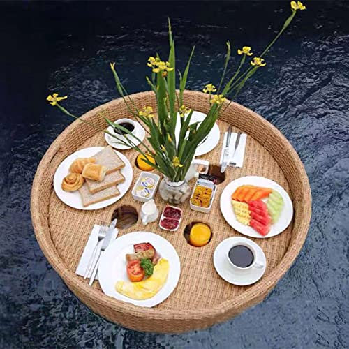 ROGHA Geflochtenes Tablett Aus Rattan, Schwimmendes Tablett Für Den Pool, Schwimmender Billardtisch, Schwimmender Getränkehalter Für Den Pool, Schwimmende Bar,Apricot-80CM