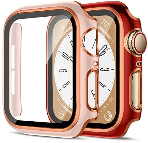 2 Pack Funda para Apple Watch Series 9/Series 8/Serie 7 41mm,Protector Pantalla Cristal Templado Incorporado,HD Protección PC Dura Caja Anti-Choque Caso para iWatch Case,Red&Rosegold/Rosa&Rosegold