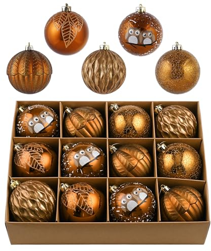 Valery Madelyn Weihnachtskugeln 12 Stücke 8cm Christbaumkugeln Kunststoff Weihnachtskugel Geschenkpaket Weihnachtsdeko mit Aufhänger Bronze Weihnachtsbaumschmuck Waldland Thema