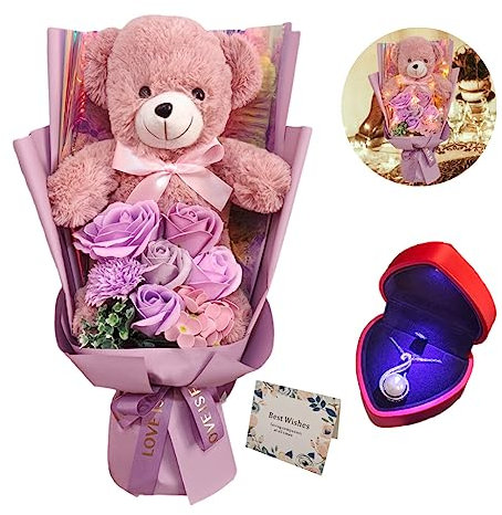 Eightown Preserved Rose Bouquet with Teddy Bear - Artificial Flowers with Pearl Necklace for Her - Love Gift for Mother's Day, Valentine's Day, Birthday (Purple)