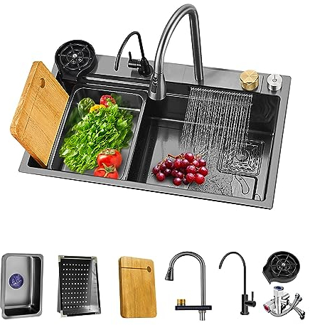 NOYHHAV Fregadero de cocina con Grifo extraíble en cascada Fregadero cocina 1 seno de acero inoxidable Lavabo sobre encimera Grifo multimodo multifuncional con accesorios (804522CM,Negro-Gris)