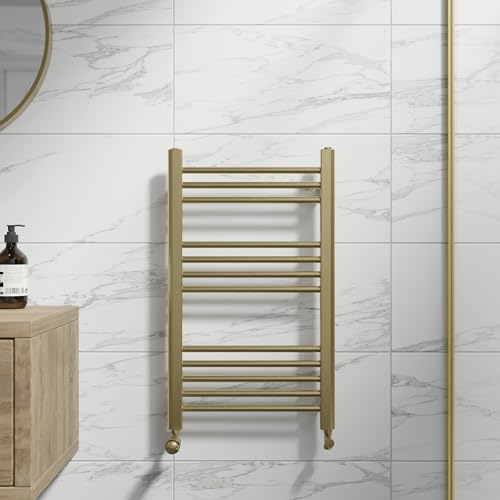 DuraTherm® 750 x 450mm Flat Straight Heated Towel Rail Radiator Modern Central Heating Bathroom Warmer Wall Mounted Ladder Rad, Brushed Brass