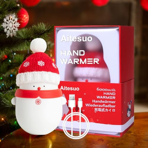 Aitesuo Cute Snowman Hand Warmers Rechargeable, 6000mAh Portable Electric USB Hand Warmer, Electronic Pocket Heater/Power Bank for Christmas Outdoors Camping Office, Winter Gift For Men Women (Red)
