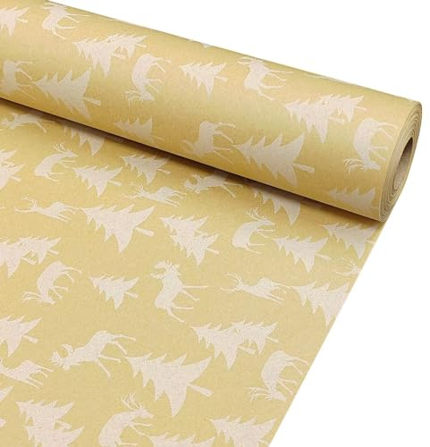 43 cm × 20 m Weihnachtsgeschenkpapierrolle, Kraftpapier bedruckt mit Elch und Baum, recycelbare Kraftpapierrolle für Weihnachten, Geburtstag, Hochzeit, Geschenkpapier